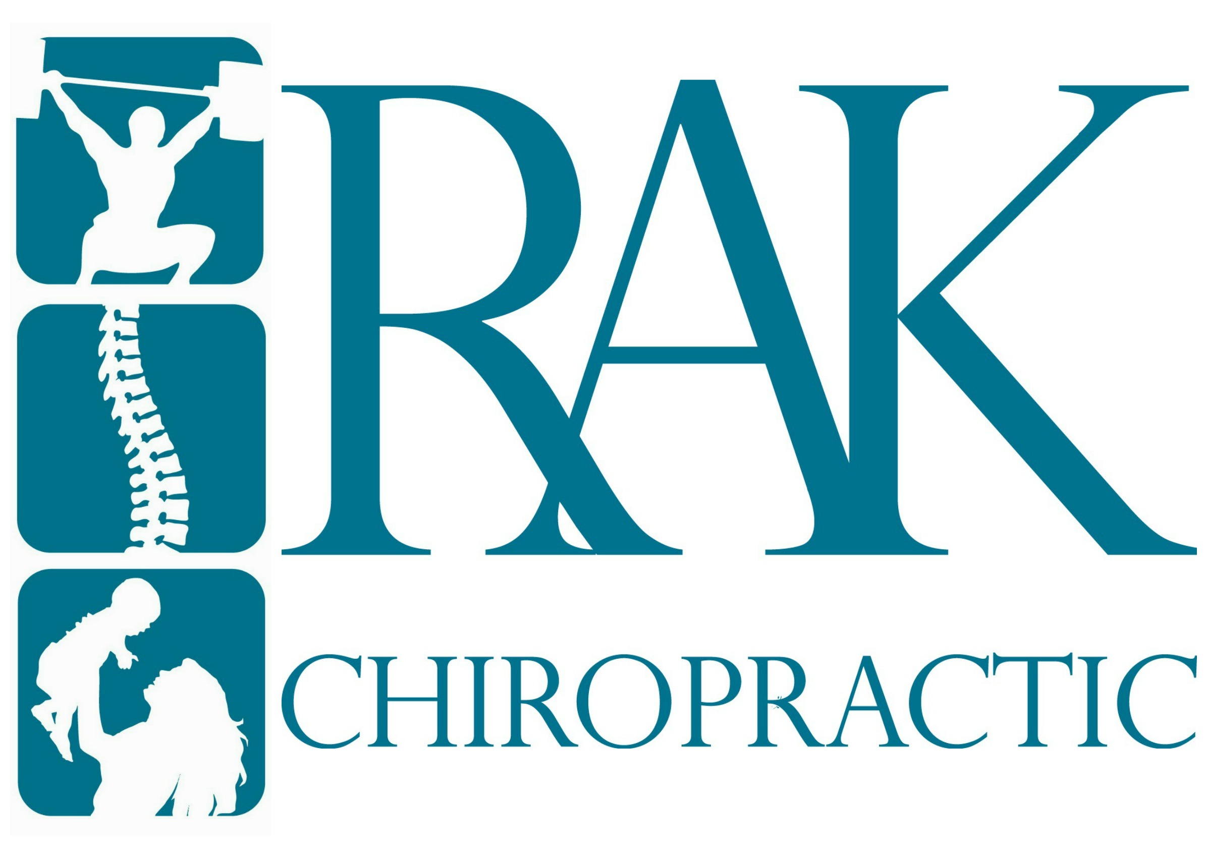 RAK CHIROPRACTIC logo with icons: a person lifting weights, a spine, and a woman holding a baby. All elements are teal and white.