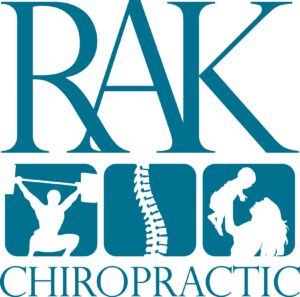 RAK Chiropractic logo with text, a weightlifter, a human spine, and a mother holding a baby.
