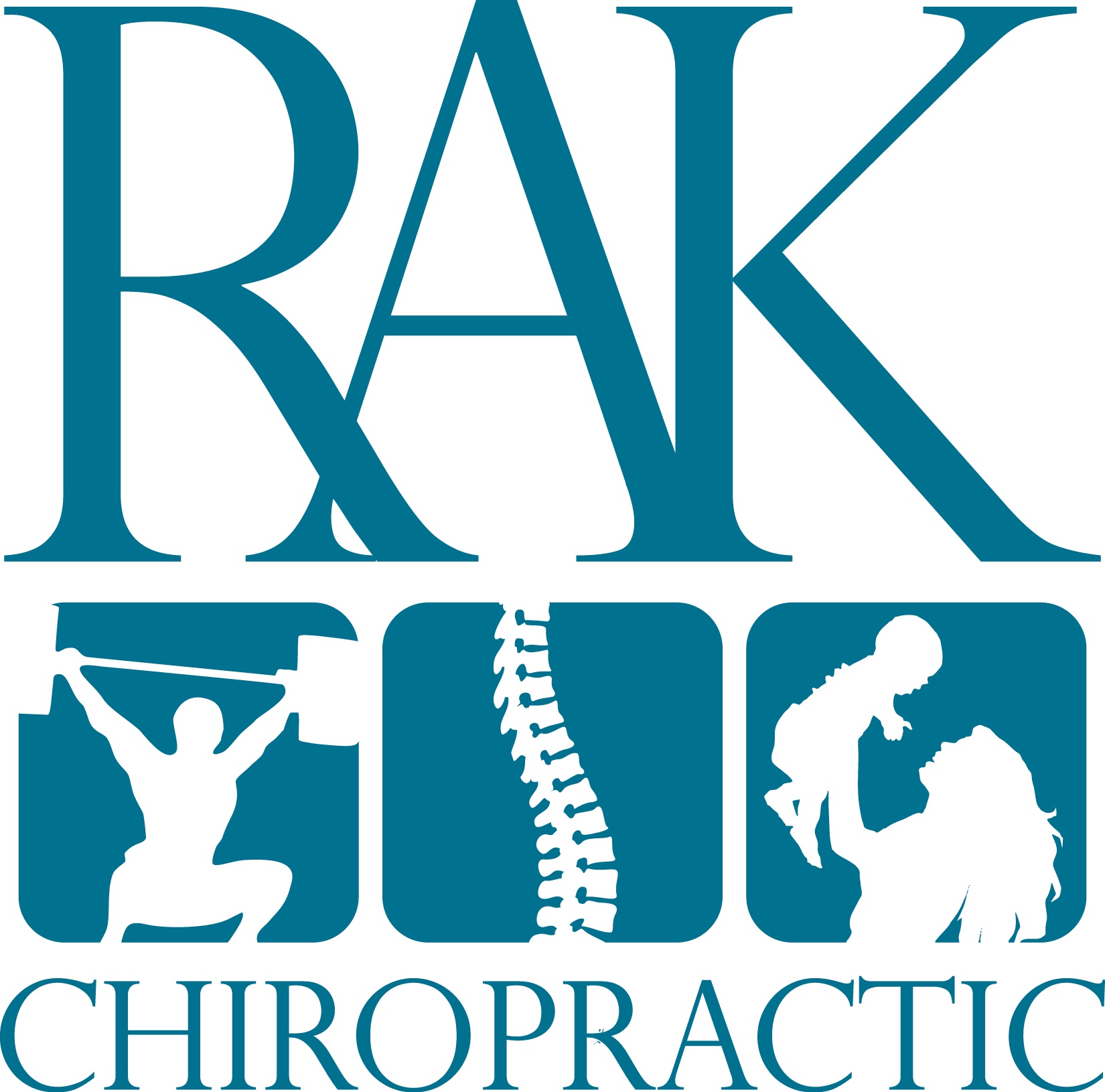 RAK Chiropractic logo with text, a weightlifter, a human spine, and a mother holding a baby.