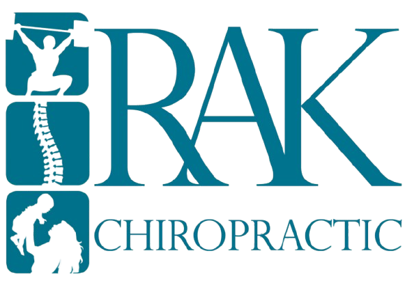 RAK Chiropractic logo with teal text on black. Features three icons: a person weightlifting, a human spine, and an adult holding a baby.