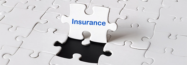 A white jigsaw puzzle with one piece missing, revealing a black void. A single white puzzle piece, labeled "Insurance" in blue text, hovers above the empty space.