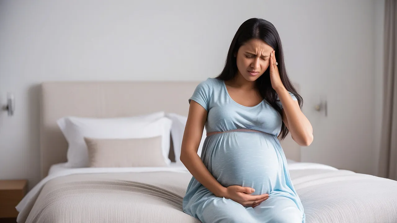 A pregnant woman sitting on a bed, holding her belly and pressing her hand to her temple, looking distressed.