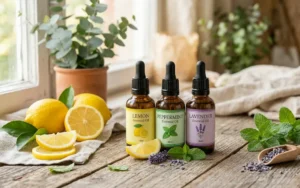 Three essential oil bottles (lemon, peppermint, lavender) with fresh lemons, mint, and lavender on a wooden surface by a window.