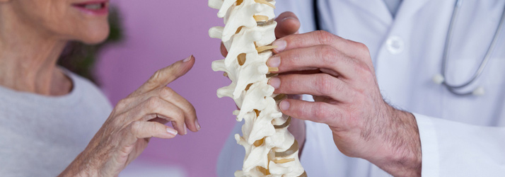 A doctor in a white coat holds a spine model while a patient points at it.